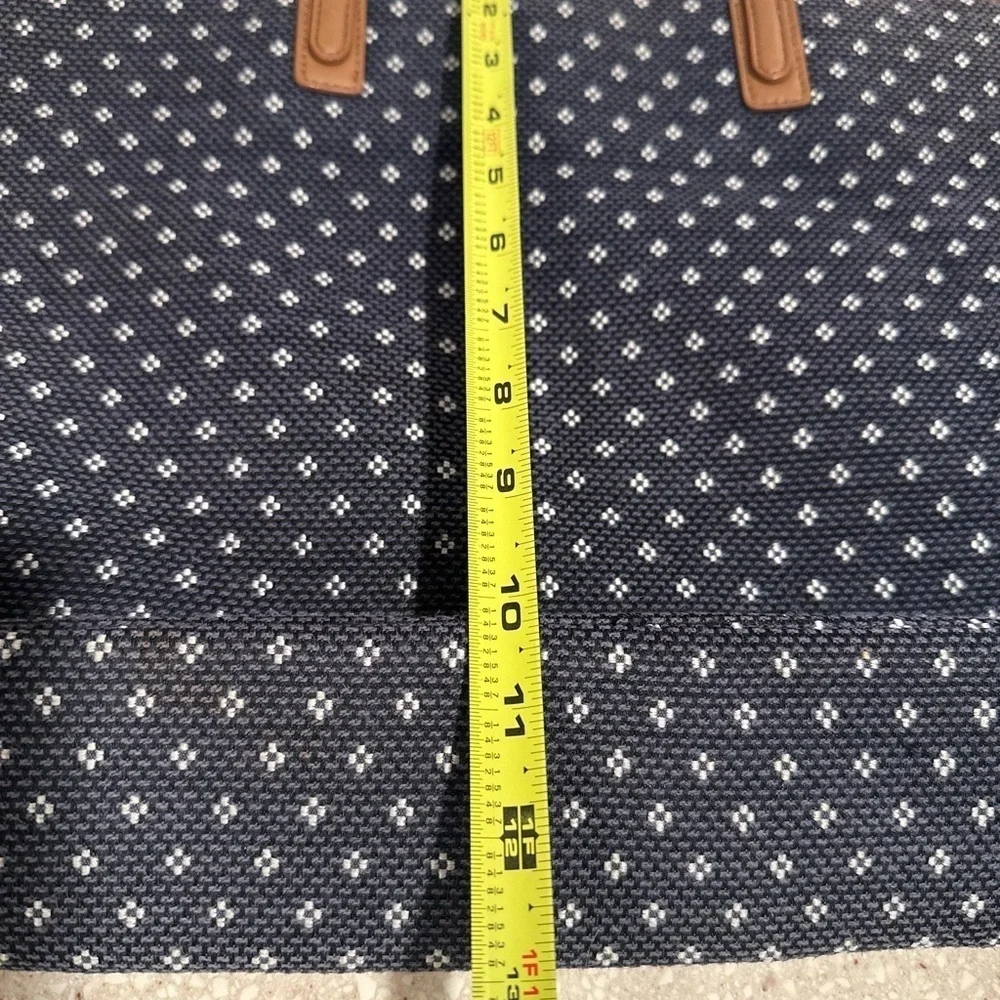 Talbots Woven Large Zip Tote Faux Leather Trimmed Nautical Blue White Dots EUC